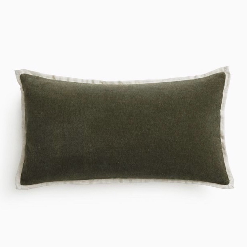 WEST ELM Olive Green Velvet Linen Rectangular Lumbar Pillow + Insert 12 x 21